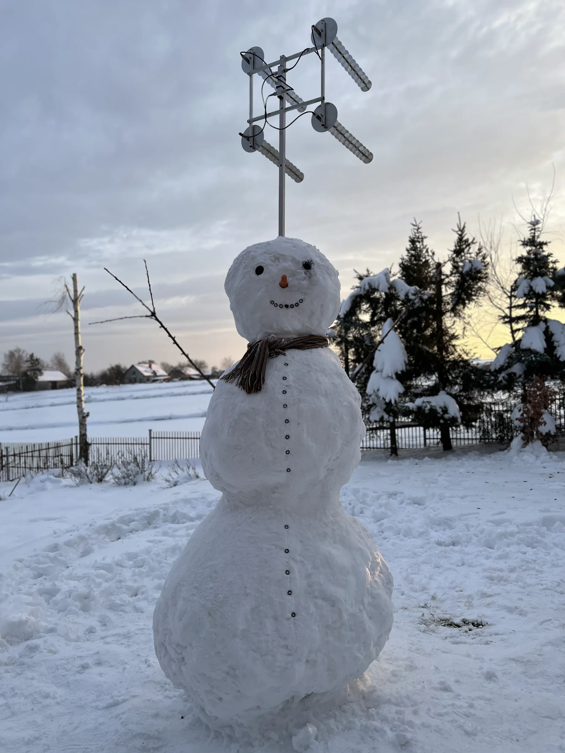 Bałwan w zaśnieżonym ogrodzie, z antenami widocznymi w tle.